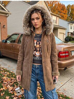 Vintage 90s Y2K Esprit Faux Suede Coat Jacket Size L Beige Hooded Penny Lane
